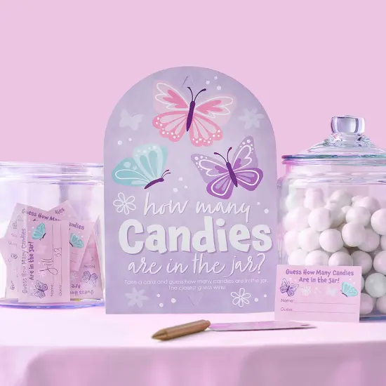 Big Dot of Happiness Beautiful Butterfly - How Many Candies Floral Baby Shower or Birthday Party Game - 1 Stand and 40 Cards - Candy Guessing Game {3}