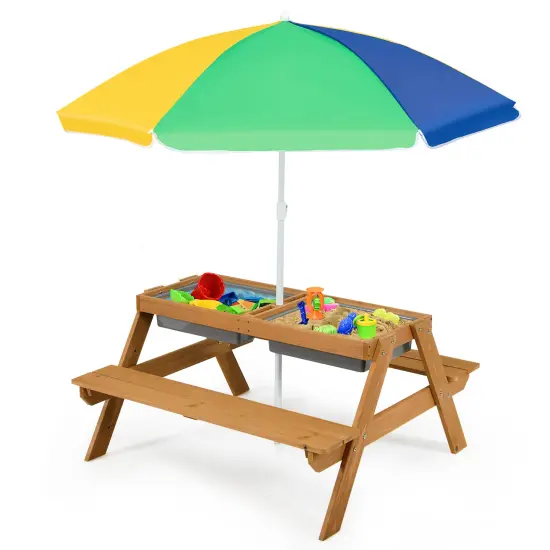Costway 3-in-1 Kids Picnic Table Wooden Outdoor Sand & Water Table with Umbrella Play Boxes Natural/Blue/Green {8}