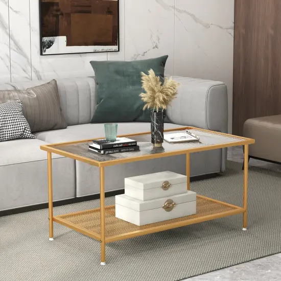 Costway 2-Tier Coffee Table with Shelf with Tempered Glass Top & Metal Frame Living Room {5}
