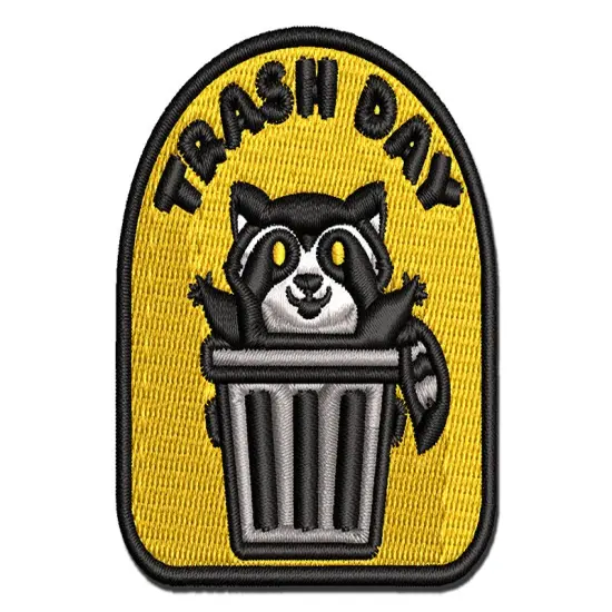 Trash Day Raccoon in Can Multi-Color Embroidered Iron-On or Hook & Loop Patch Applique {1}