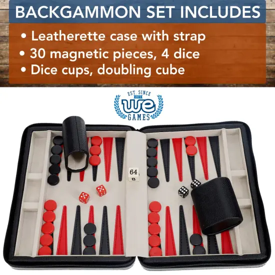 WE Games Magnetic Backgammon Set with Leatherette Case and Carrying Strap - Travel Size {4}