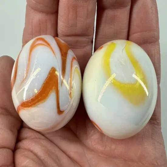 2 BOULDERS 35mm GELATO Marbles Glass White Yellow Orange Iridescent LARGE Swirl {5}