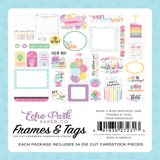 Echo Park Cardstock Ephemera 34/Pkg-Frames & Tags, Make A Wish Birthday Girl {4}