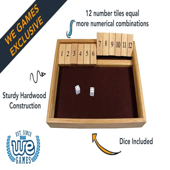 WE Games 12 Number Shut the Box Board Game, Natural Wood, 13.5 in. {3}