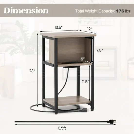 Costway 1/2 PCS Nightstand 3-Tier End Table with Charging Station USB Ports & Power Outlets Grey & Black {3}