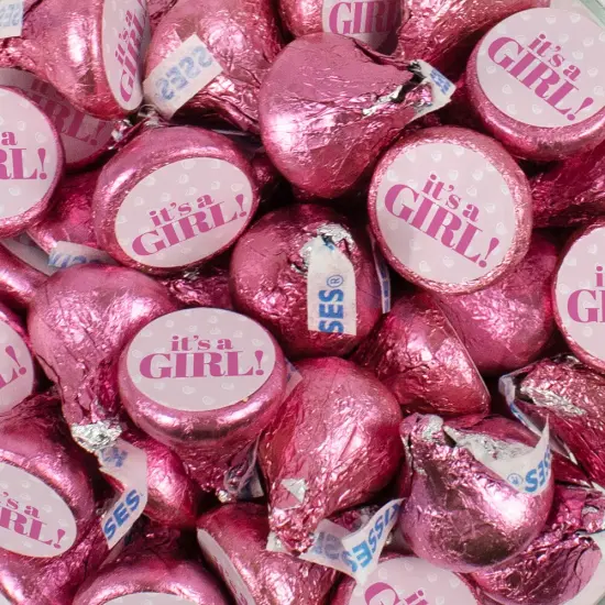 Pink It's a Girl Baby Shower Candy Party Favors (Choose 100 Pcs Milk Chocolate Hershey's Kisses, 40 Pcs Wrapped Miniatures or Both) {1}