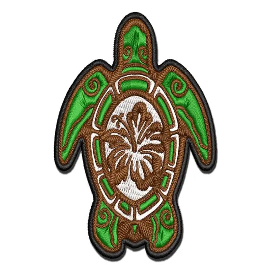 Tribal Hibiscus Sea Turtle Multi-Color Embroidered Iron-On or Hook & Loop Patch Applique {1}