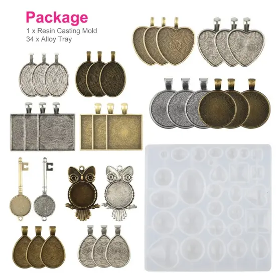 35PCS DIY Silicone Resin Mold Jewelry Casting Epoxy Pendant Tray Mould Craft Kit {1}