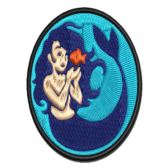 Mermaid and Fish Friend Multi-Color Embroidered Iron-On or Hook & Loop Patch Applique {1}