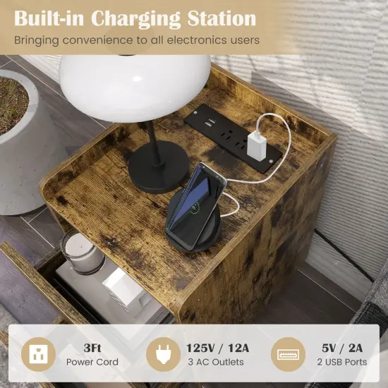Costway Nightstand with Charging Station Home Bedside Sofa Side Tables with 2 Drawers Coffee/White/Black {6}
