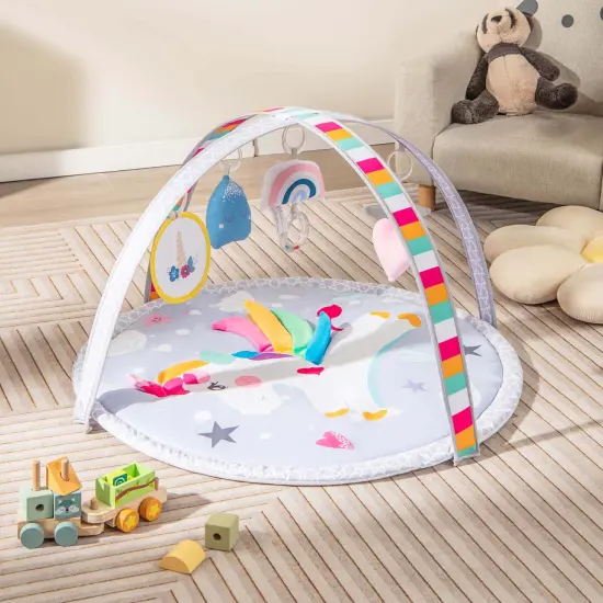 Costway Baby Play Gym Mat Thicker Tummy Time Mat with 5 Detachable Hanging {2}