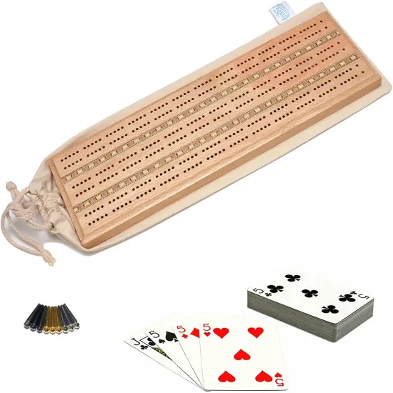 WE Games Deluxe Cribbage Set - Solid Wood with Inlay Sprint 3 Track Board with Easy Grip Pegs, Deck of Cards & Canvas Storage Bag {1}