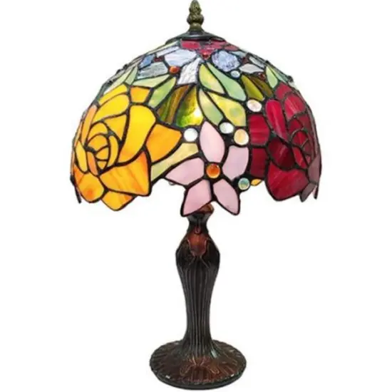 Tiffany Style Stained Glass Rose Flower Table Lamp with Antique Bronze Zinc Cast Base 16.5x10x10 inches D&eacute;cor for Living Room, Bedroom, Office, & More {2}