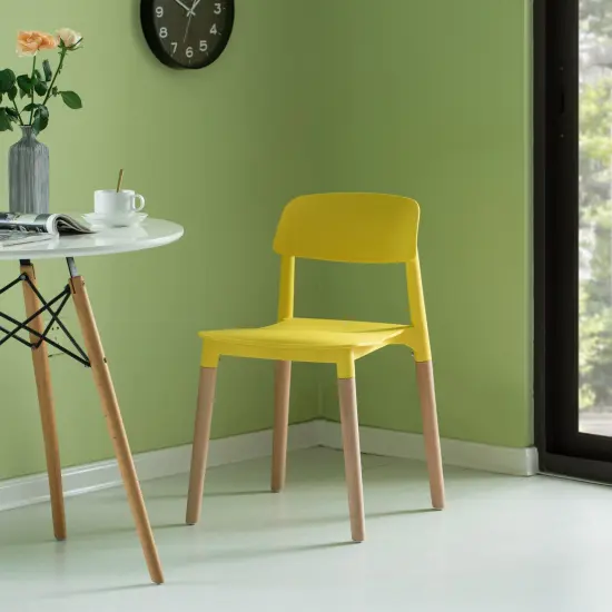Modern Plastic Dining Chair Open Back with Beech Wood Legs Single Yellow {5}