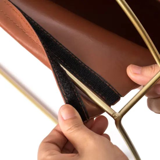 Gold Metal and Brown Leather Modern Decorative Freestanding Magazine Book Rack Storage Holder {6}