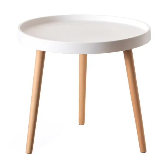 Modern Plastic Round Side Table Accent Coffee Table with Beech Wood Legs Black {8}