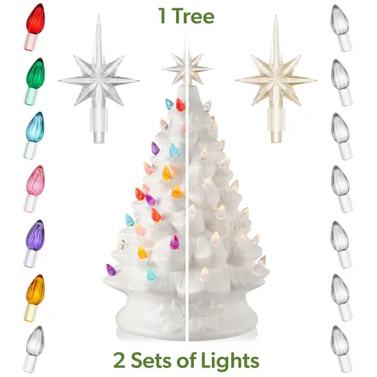 Casafield Hand Painted Ceramic Christmas Tree, White 15-Inch Pre-Lit Tree with 128 Multi Color Lights and 2 Star Toppers {2}