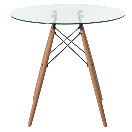 Round Clear Glass Top Accent Dining Table with 4 Beech Solid Wood Legs | Modern Space Saving Small Leisure Circle Desk 31.5" Dia x 29.25" H for Kitchen Dining Room, Living Room {1}