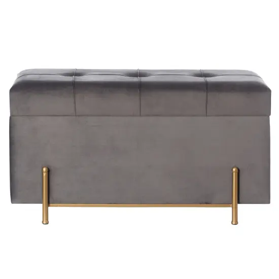 Large Rectangle Velvet Storage Ottoman Stool Box with Golden Legs | Decorative Sitting Bench for Living Room Home Decor with Cylindrical Golden Support Gray {4}