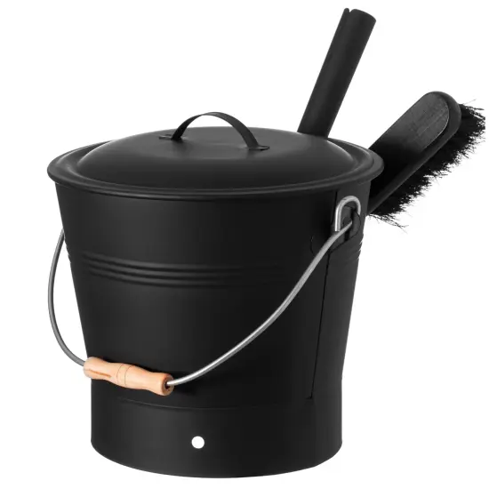 Black Iron Ash Bucket with Lid and Wood Handle Brush Use for Fire Pit, Wood Burning Stove and Grill {3}