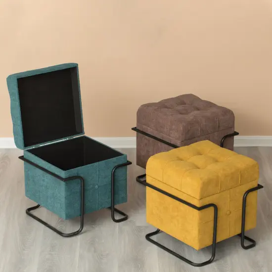 Square Fabric Storage Ottoman with Black Metal Frame Blue {10}
