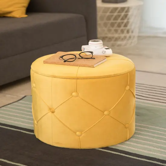 Round Tufted Velvet Wood Storage Ottoman Stool with Lid Yellow {2}