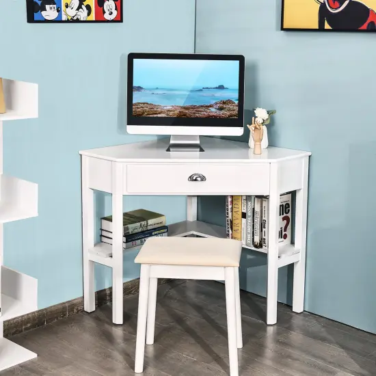 Costway Triangle Computer Desk Corner Office Desk Laptop Table w/ Drawer Shelves Rustic White {2}