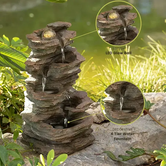 Decorative 4 Tier Rock Look Water Fountain with LED Rolling Glow Ball for Home and Garden {2}
