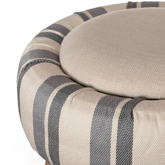 Modern Striped Round Fabric Ottoman with Inner Storage , White and Blue {5}