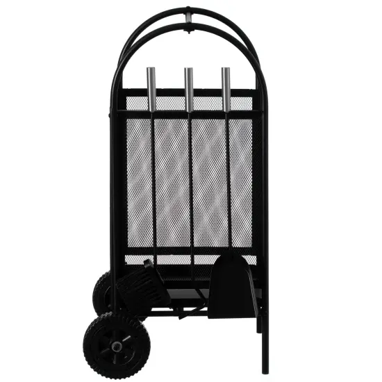 Indoor and Outdoor Patio Iron Firewood Log Cart with Wheels and Fireplace Tool Set, Black {2}