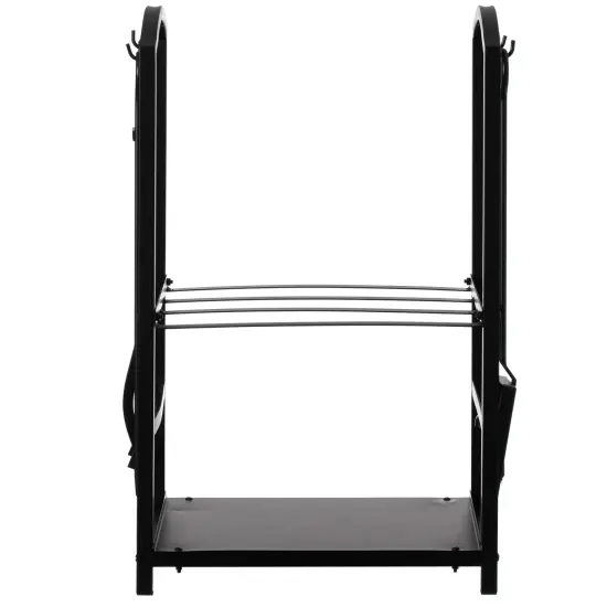 Indoor and Outdoor Patio Iron Firewood Log Cart with Fireplace Tool Rack, Black {3}