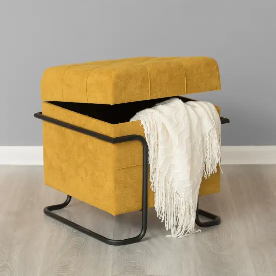 Square Fabric Storage Ottoman with Black Metal Frame Brown {7}