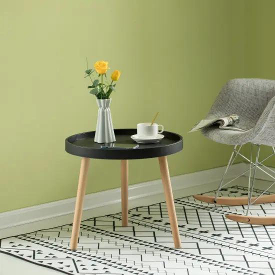 Modern Plastic Round Side Table Accent Coffee Table with Beech Wood Legs Black {5}