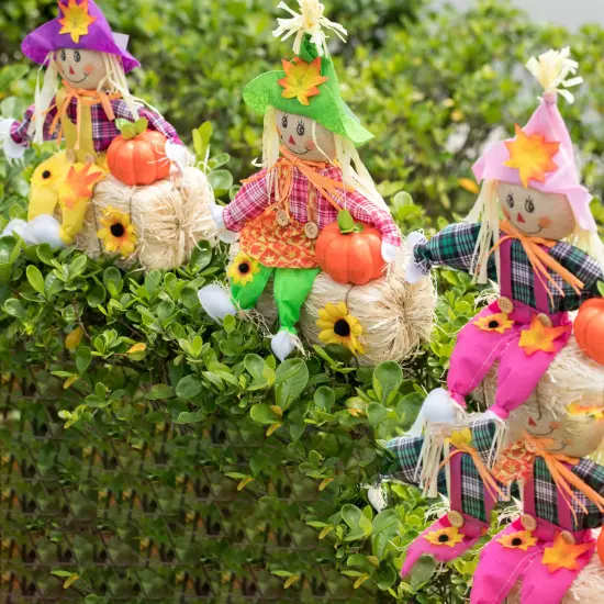 Gardenised 18 Inch Sitting on Straw and Hay Bales Multicolor Trio Scarecrows for Halloween, Fall and All Time Season Garden Decor, Perfect to Add a Festive Touch to Your Lawn {6}