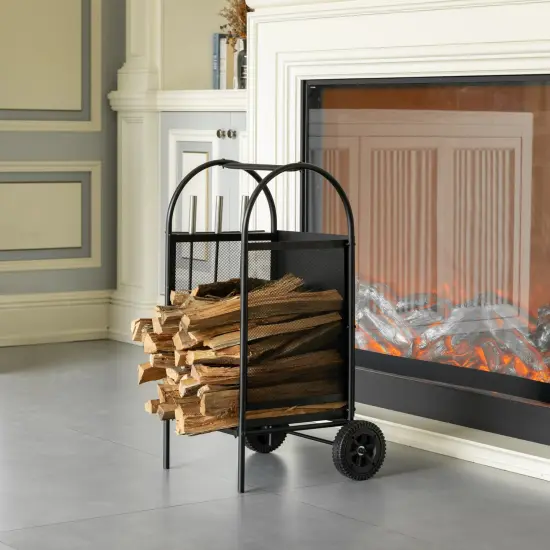 Indoor and Outdoor Patio Iron Firewood Log Cart with Wheels and Fireplace Tool Set, Black {6}