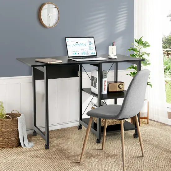 Costway Rolling Computer Desk Folding Writing Office Desk Storage Shelves Black {3}