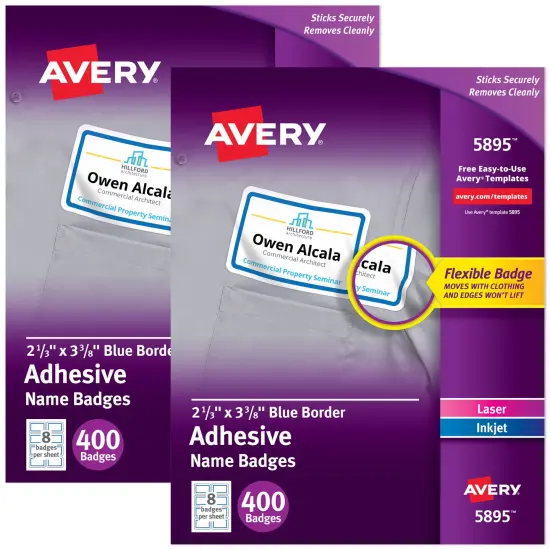 Avery Flexible Name Badges, 2-1/3" x 3-3/8", White with Blue Border, 400 per Pack, 2 Packs, 800 Removable Name Tag Stickers Total (01730) {1}