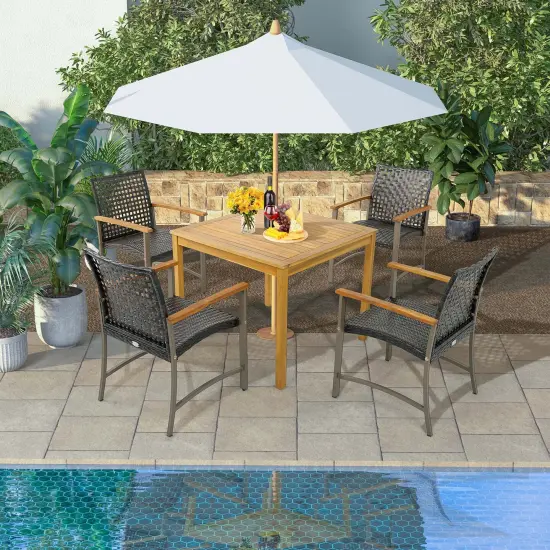Costway Set of 4 Patio Dining Chairs Outdoor Wicker Armchairs with Acacia Wood Armrests {3}