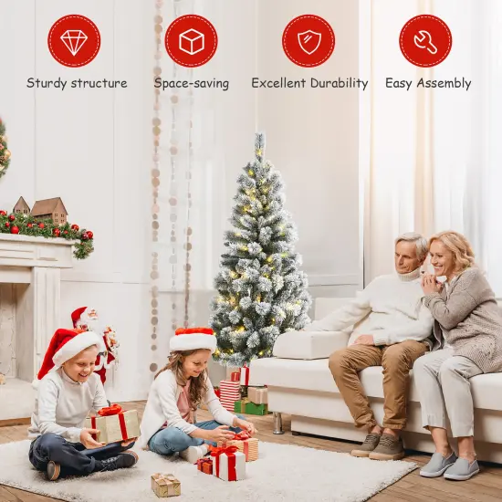 Costway 5FT Pre-Lit Hinged Christmas Tree Snow Flocked w/9 Modes Remote Control Lights {6}