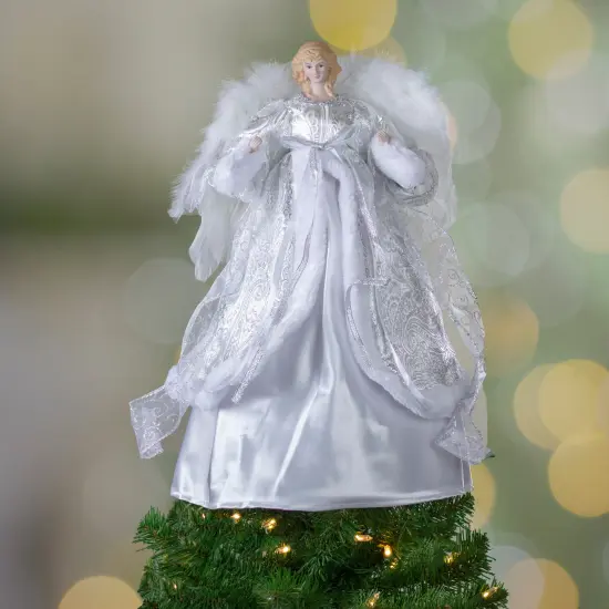 Northlight 18" Blonde Angel in White and Sliver Dress with Faux Fur Trim Christmas Tree Topper {3}