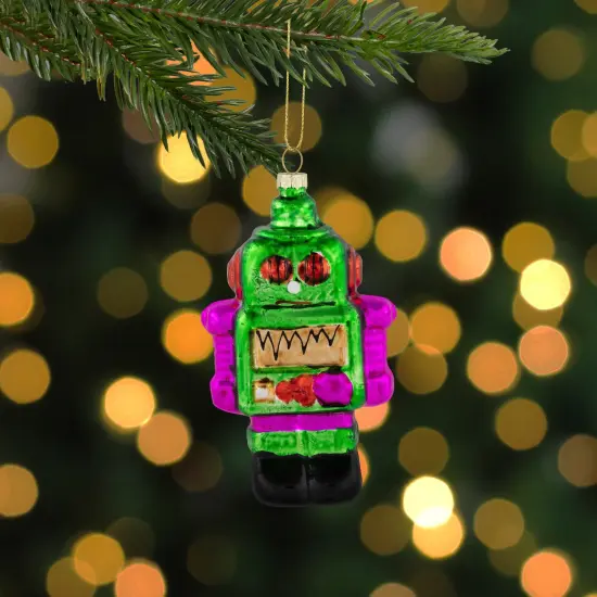 Northlight 5" Green and Purple Robot Glass Christmas Ornament {3}