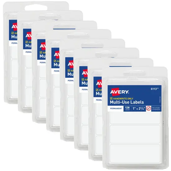Avery Multi-Use Permanent Labels, 1" x 2.75", White, Non-Printable, 8 Packs, 1,024 Blank Labels Total (21923) {1}