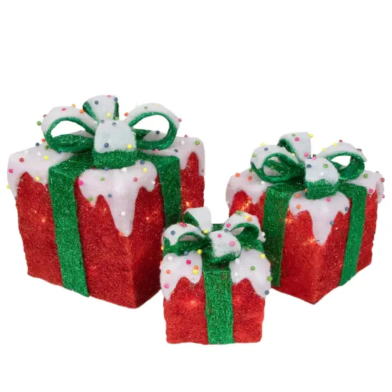 Northlight Lighted Snow and Candy Covered Sisal Gift Boxes Outdoor Christmas Decorations - Set of 3 Red {1}