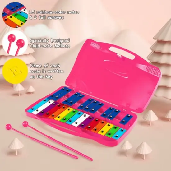 Portable Kids Glockenspiel Chromatic Metal Xylophone with 25 Tunes and 15 Rainbow Color Notes with 2 Full Octaves Pink {3}