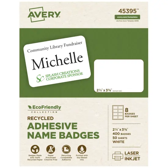 Avery EcoFriendly Recycled Name Tags, 2-1/3" x 3-3/8", White, Removable Adhesive, 400 Printable Name Badges (45395) {1}