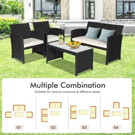 4 Pcs Wicker Conversation Furniture Set Patio Sofa and Table Set White {6}