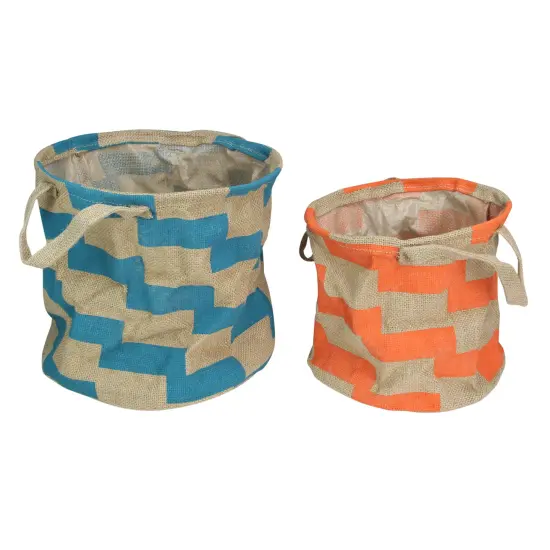 Avon Set of 2 Orange and Teal Burlap Baskets With Handles 12" {1}