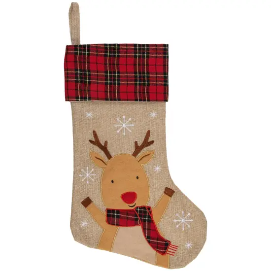 Northlight 19" Burlap Plaid Whimsical Reindeer Waiving Christmas Stocking Beige {1}