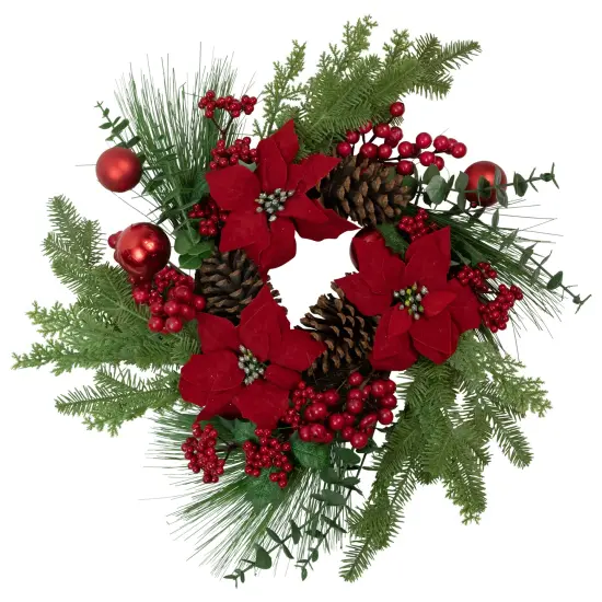 Northlight Berry and Poinsettia Artificial Christmas Wreath - 22" - Unlit Green {1}