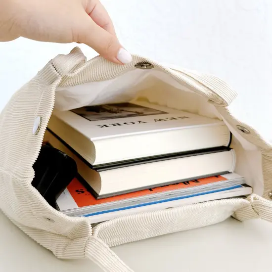 Wrapables Corduroy Tote Bag, Casual Everyday Shoulder Handbag, 2pc Black/Cream {6}